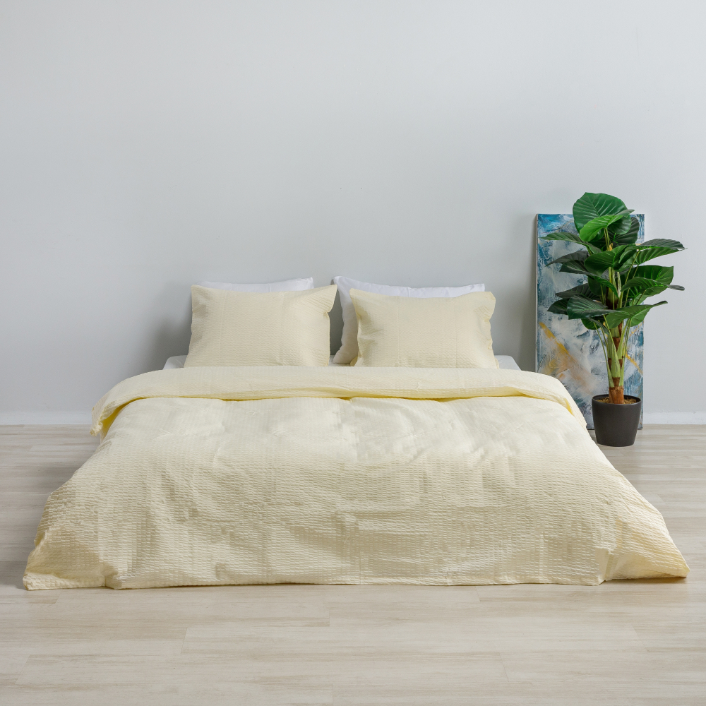 Seersucker Bettwäsche „Kora Yellow“. Bettwäsche Baumwolle, 135/140x200 cm, 200x200 cm, 200x220 cm, 220x240 cm