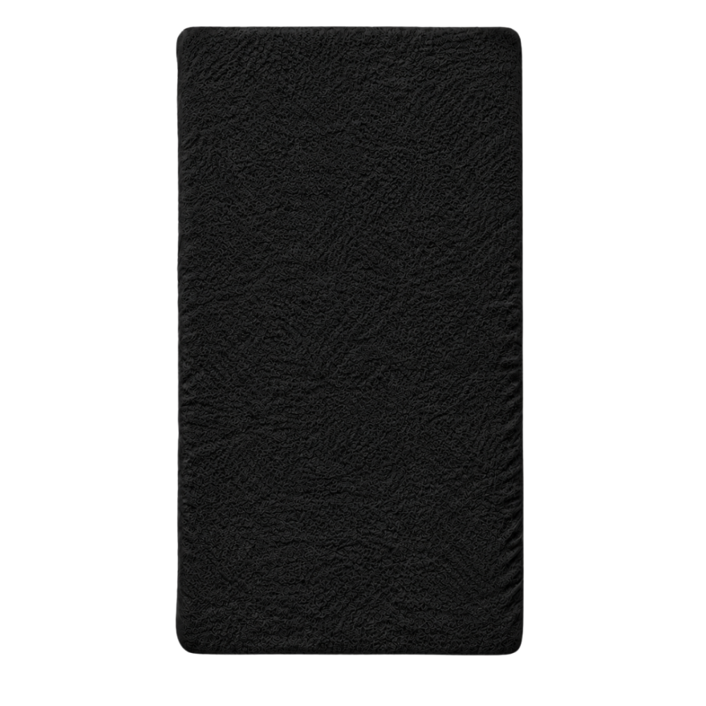 Frottee Spannbettlaken „Black frote“. Spannbettlaken 180x200, 90x200 cm, 135/140x200 cm, 155/160x200 cm, 180x200 cm, 200x220 cm. Schwarzes frottee-spannleintuch mit einer gleichmäßig strukturierten oberfläche.