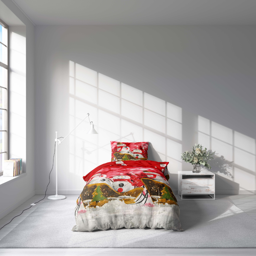 Weihnachtsbettwäsche "Snowman". Bettwäsche 140x200, 135/140x200 cm. Rotes bettwäsche-set mit einem spielerischen schneemann-design, das eine fröhliche feiertagsstimmung in ihren raum bringt.