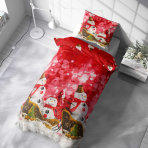 Weihnachtsbettwäsche "Snowman". Bettwäsche 140x200, 135/140x200 cm. Festliches rotes bettwäsche-set mit großen schneemann-drucken, das ihrem schlafzimmerdekor einen verspielten, winterlichen charme verleiht.