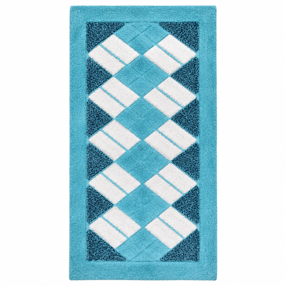 Teppich „Blue Diamond Mosaic Rug“. Badteppich, 70x140 cm. Rechteckiger blauer teppichamit weißen rechtecksformen in schrägem rautenmuster. Teppich „Blue Diamond Mosaic Rug“. Badteppich, 70x140 cm. Rechteckiger blauer teppichamit weißen rechtecksformen in schrägem rautenmuster.