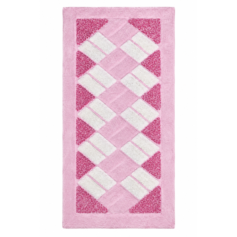 Teppich „Rose Diamond Mosaic Rug“. Badteppich, 70x140 cm. Rechteckiger rosa teppich mit einem zentralen muster aus hellrosa und weißen rechtecken, umgeben von einem satten rosa rand. Teppich „Rose Diamond Mosaic Rug“. Badteppich, 70x140 cm. Rechteckiger rosa teppich mit einem zentralen muster aus hellrosa und weißen rechtecken, umgeben von einem satten rosa rand.