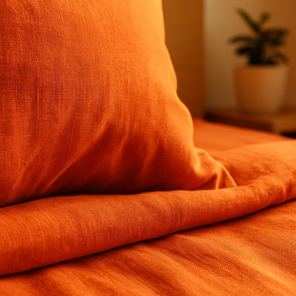 Leinen bettwäsche "Linen Orange". Leinen Bettwäsche, 135/140x200 cm, 200x200 cm, 200x220 cm, 220x240 cm. Feine leinenstruktur im leuchtend orangen bettwäscheset.