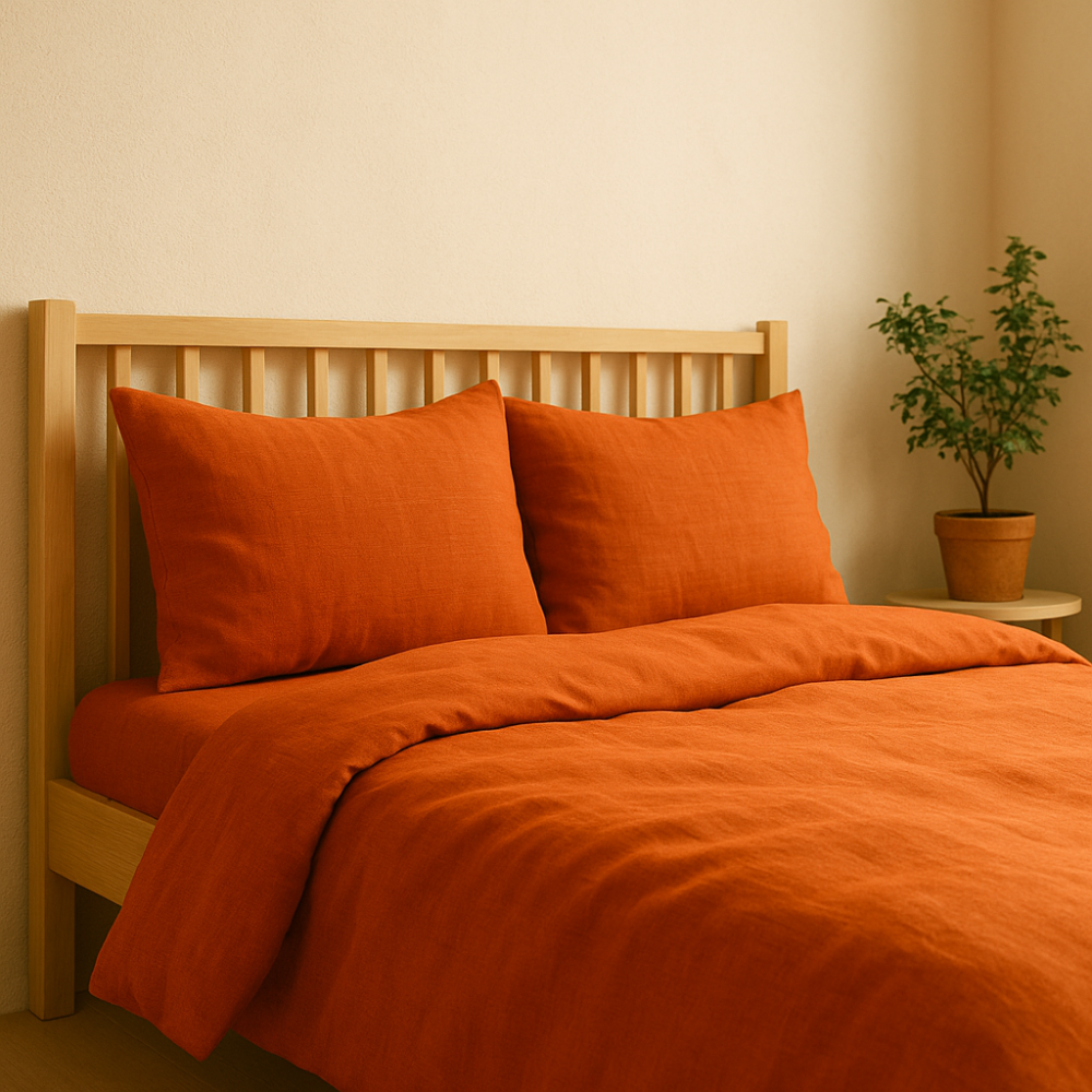 Leinen bettwäsche "Linen Orange". Leinen Bettwäsche, 135/140x200 cm, 200x200 cm, 200x220 cm, 220x240 cm. Mattes finish des stoffes im orangen leinenbettwäsche-set.