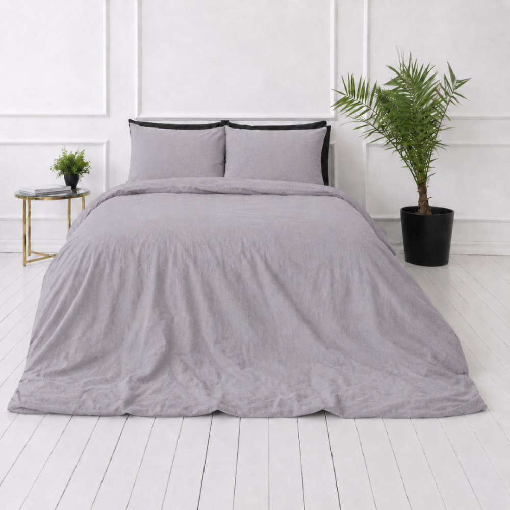 Leinen bettwäsche "Linen Pearl“. Bettwäsche 150x200, 135/140x200 cm, 150x200 cm, 155/160x200 cm, 180x200 cm, 200x200 cm, 200x220 cm, 220x240 cm. Pastelliges bettwäsche-set in grau und violett für moderne schlafzimmer.