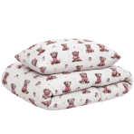 Musselin Bettwäsche set "Fluffy Bear muslin". Bettwäsche sets, 135/140x200 cm, 150x200 cm, 155/160x200 cm. Weiße bettwäsche-garnitur mit braunen teddybären, die rosa kleidung tragen.