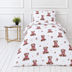 Musselin Bettwäsche set "Fluffy Bear muslin". Bettwäsche sets, 135/140x200 cm, 150x200 cm, 155/160x200 cm. Auf weißem grund verteilte braune teddybären, rosa muscheln und kleine sternchen.