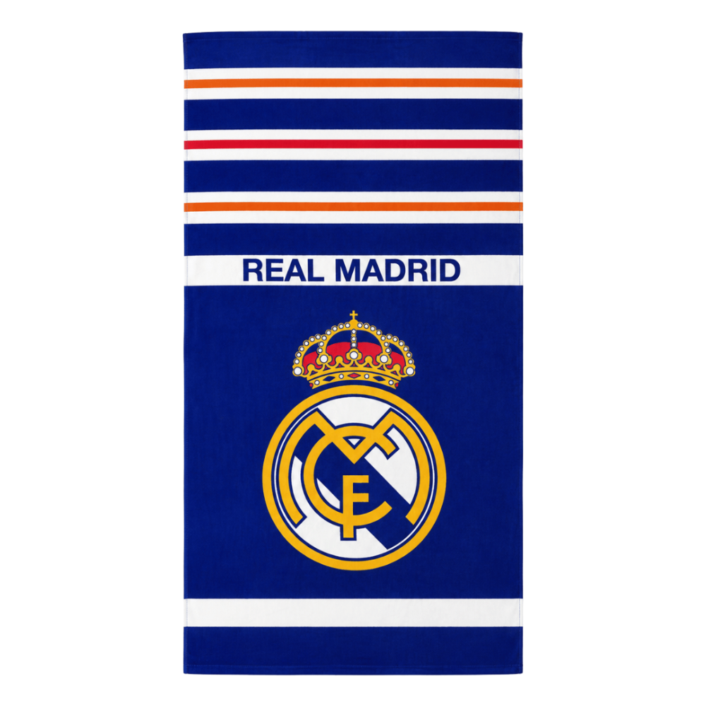 Strandtuch „Real Madrid“. Dunkelblaues „real madrid“-handtuch mit orangefarbenen, roten und weißen streifen. Strandtuch „Real Madrid“. Dunkelblaues „real madrid“-handtuch mit orangefarbenen, roten und weißen streifen.