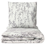 Bettwäsche set "Alkali". Lila Bettwäsche, 135/140x200 cm, 200x200 cm, 200x220 cm. Weißes bettwäsche‑set mit feinem dunkelviolettem pflanzenkonturmuster.