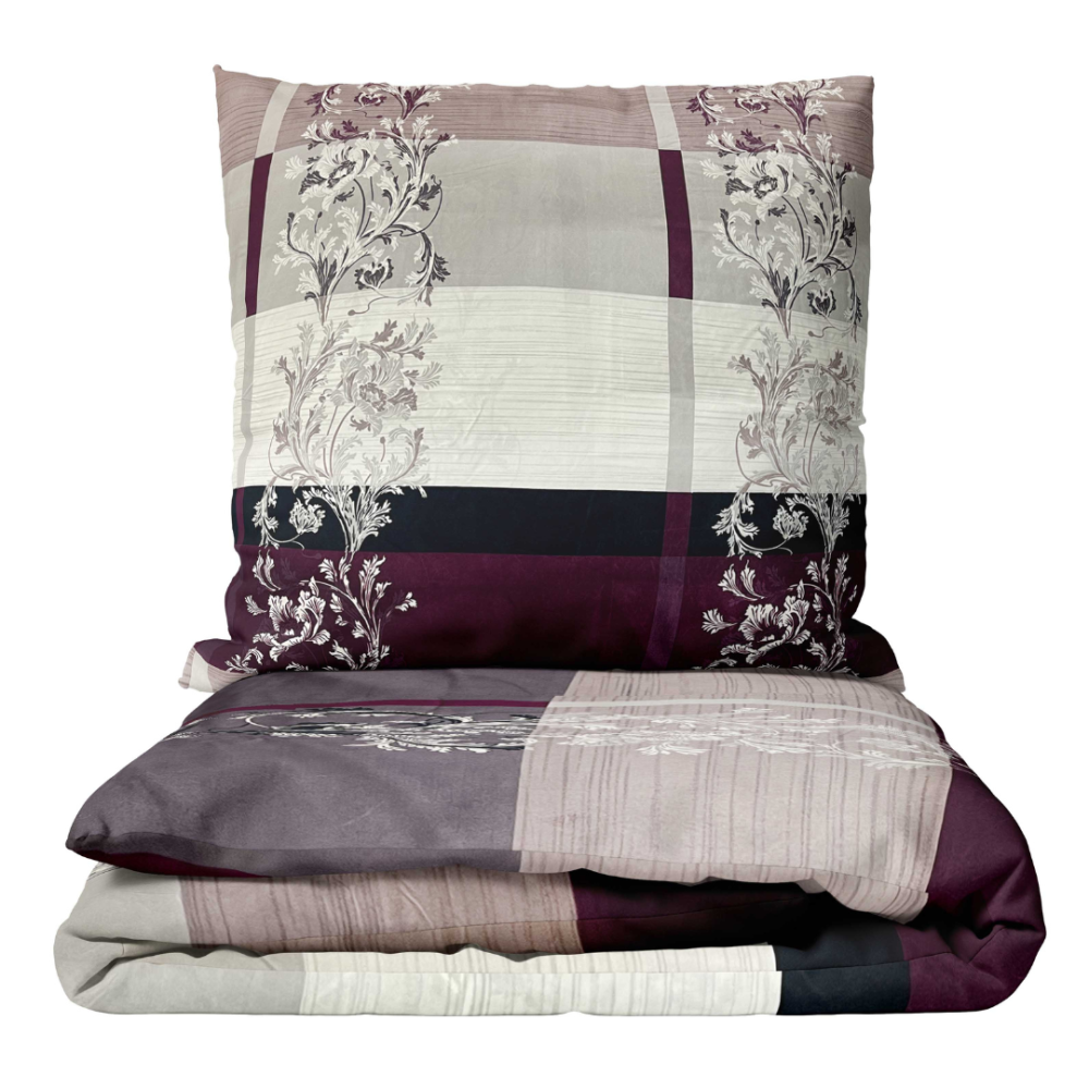 Bettwäsche set "Promiseland". Bettwäsche 140x200, 135/140x200 cm, 155/160x200 cm, 200x200 cm, 200x220 cm. Bettwäsche in sanften, hellen farben mit einem auffälligen violetten farbton und einem dekorativen muster in der mitte für ein ausgewogenes design.