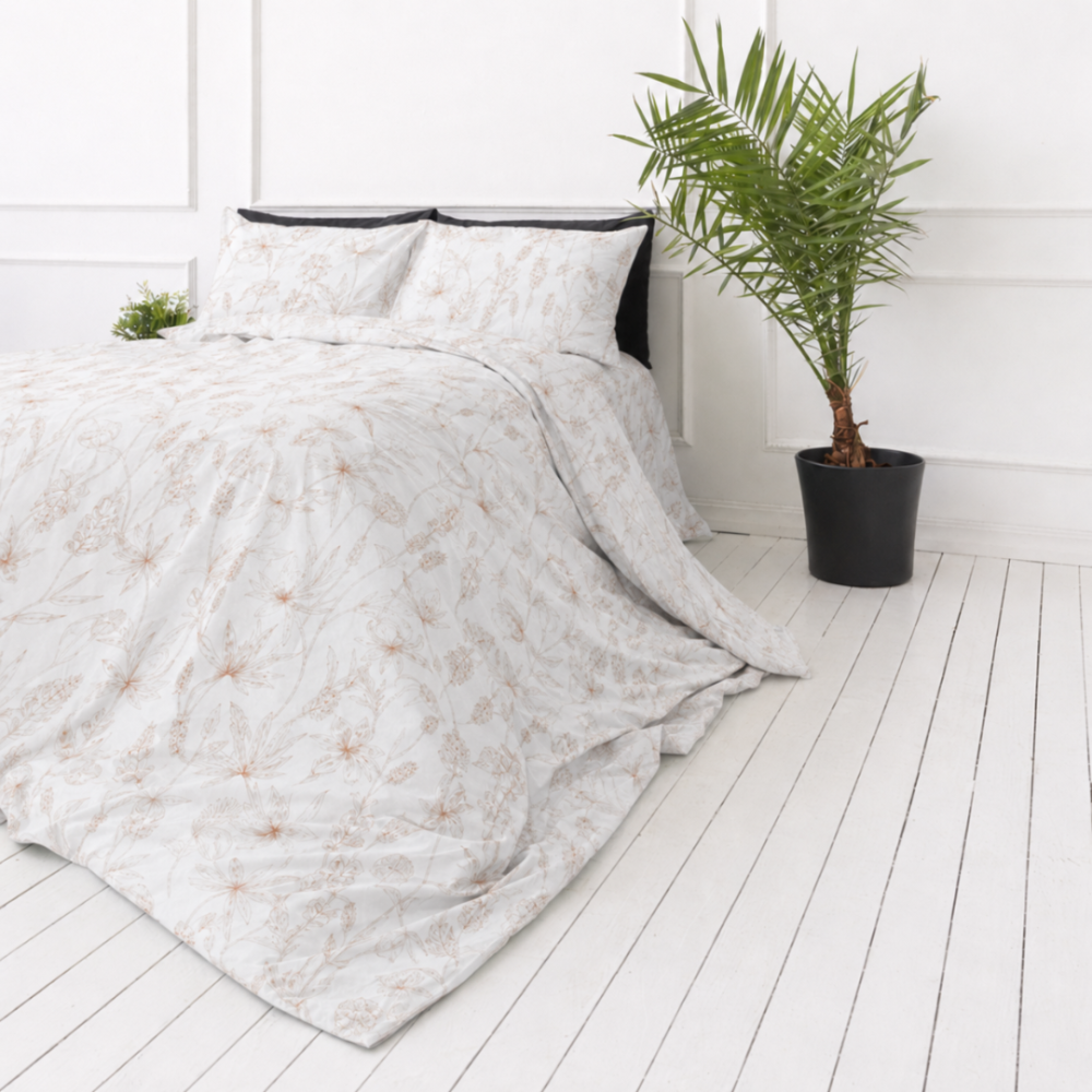 Bettwäsche set "Aubrielle". Bettwäsche 155x200, 135/140x200 cm, 150x200 cm, 155/160x200 cm, 180x200 cm, 200x200 cm, 200x220 cm, 220x240 cm. Fein getöntes bettwäscheset mit botanischen linienornamenten