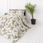 Bettwäsche set "Auric". Bettwäsche 155x200, 135/140x200 cm, 150x200 cm, 155/160x200 cm, 180x200 cm, 200x200 cm, 200x220 cm. Zarte bettwäsche mit olivgrünem laubmuster auf hellem grund.