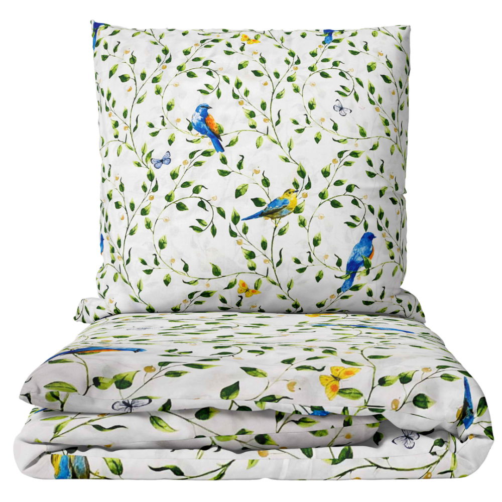Bettwäsche set "Birds in Bloom". Bettwäsche Baumwolle, 135/140x200 cm, 200x200 cm, 200x220 cm, 220x240 cm. Kinderbettwäsche-set mit blauen vögeln und grünen blättern auf weißem hintergrund, das ein natürliches und beruhigendes design schafft.