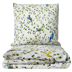 Bettwäsche set "Birds in Bloom". Bettwäsche Baumwolle, 135/140x200 cm, 200x200 cm, 200x220 cm, 220x240 cm. Kinderbettwäsche-set mit blauen vögeln und grünen blättern auf weißem hintergrund, das ein natürliches und beruhigendes design schafft.