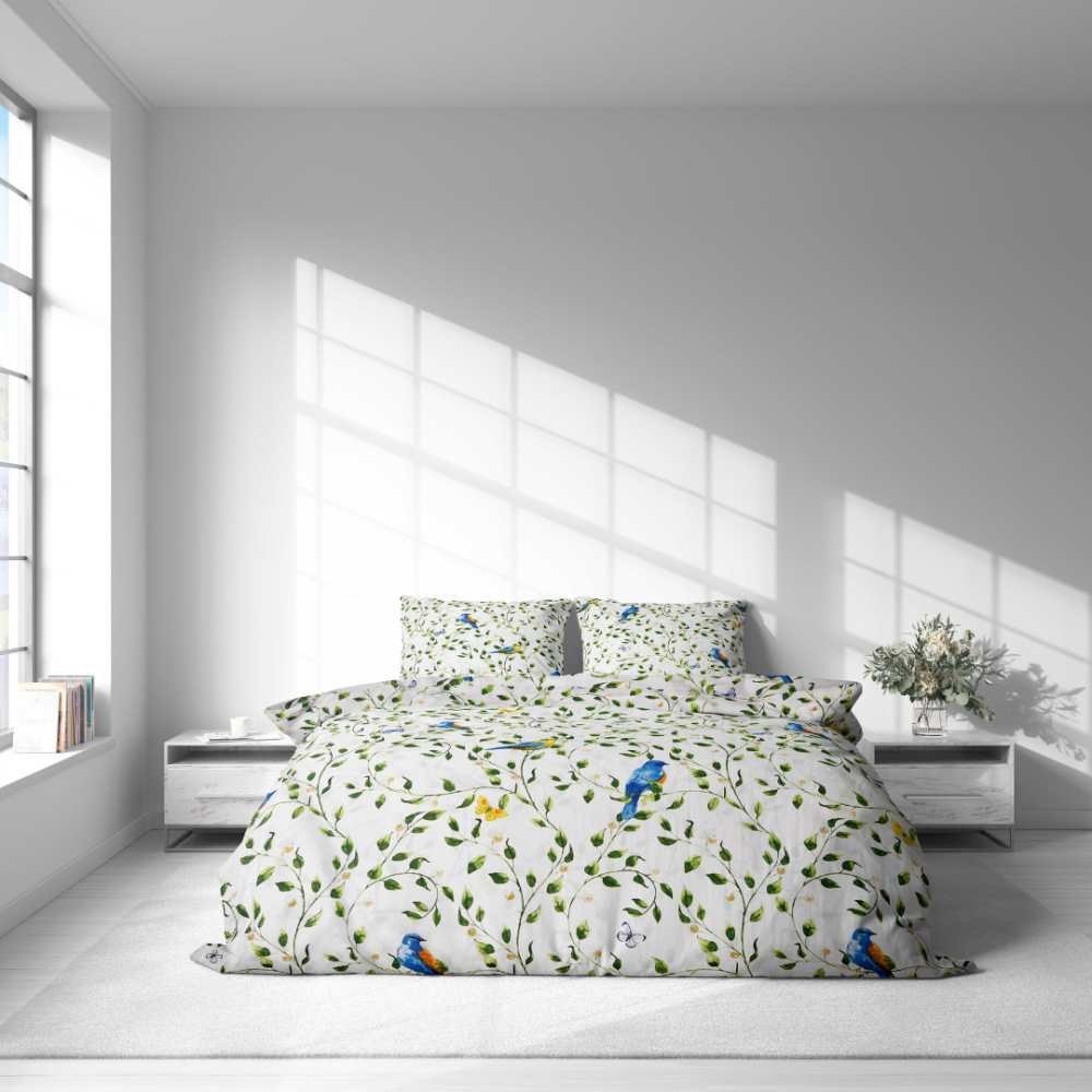 Bettwäsche set "Birds in Bloom". Bettwäsche Baumwolle, 135/140x200 cm, 200x200 cm, 200x220 cm, 220x240 cm. Malerisches bettwäscheset mit vögeln und pflanzenmotiven, das eine natürliche und ruhige atmosphäre im schlafzimmer schafft.