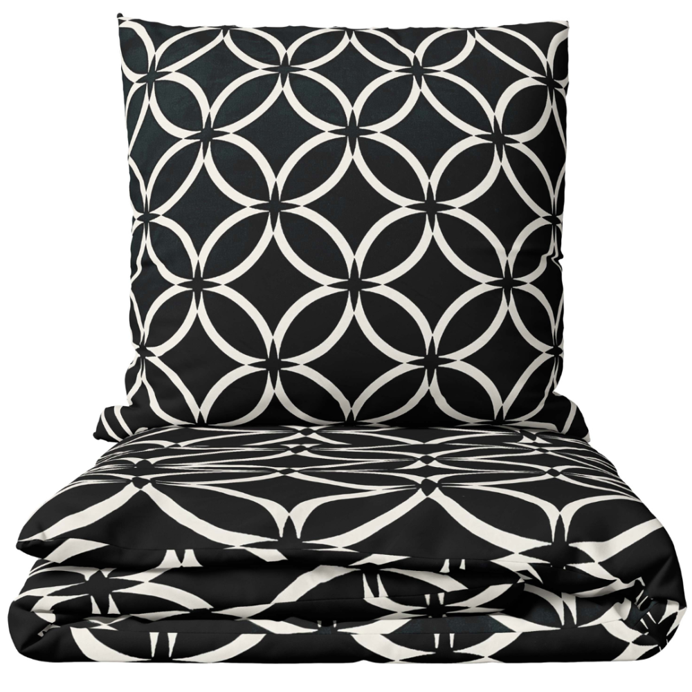 Bettwäsche set "Black Retro Rings". Bettwäsche Schwarz, 135/140x200 cm, 155/160x200 cm, 200x200 cm, 200x220 cm. Schwarzes bettwäsche-set mit überlappenden weißen kreisen