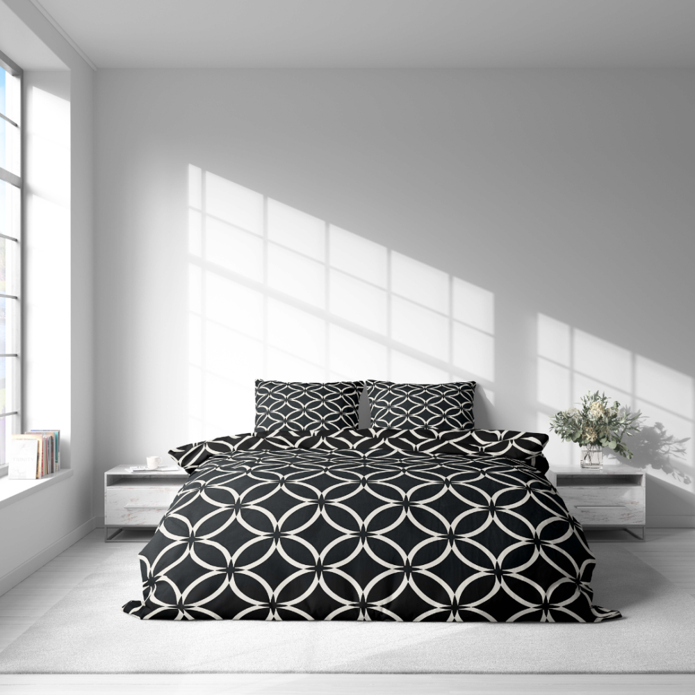Bettwäsche set "Black Retro Rings". Bettwäsche Schwarz, 135/140x200 cm, 155/160x200 cm, 200x200 cm, 200x220 cm. Kontrastreicher schwarz-weißer muster mit stilisierten blumenmotiven