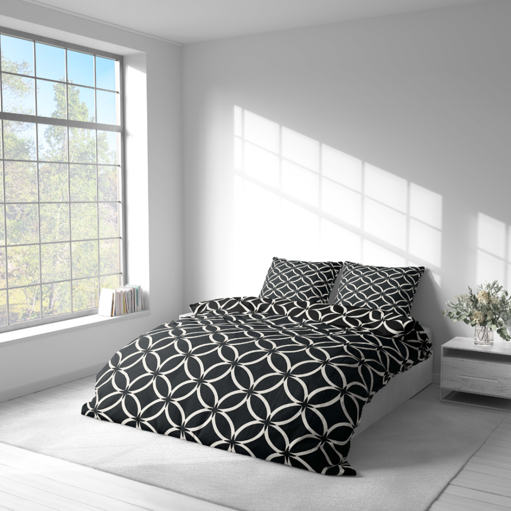 Bettwäsche set "Black Retro Rings". Bettwäsche Schwarz, 135/140x200 cm, 155/160x200 cm, 200x200 cm, 200x220 cm. Geometrisches schwarz-weiß-design für moderne innenräume