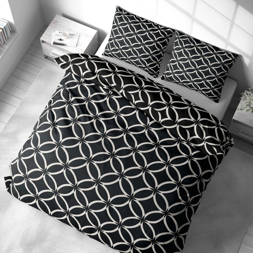 Bettwäsche set "Black Retro Rings". Bettwäsche Schwarz, 135/140x200 cm, 155/160x200 cm, 200x200 cm, 200x220 cm. Symmetrisches kreis-muster auf schwarzem hintergrund