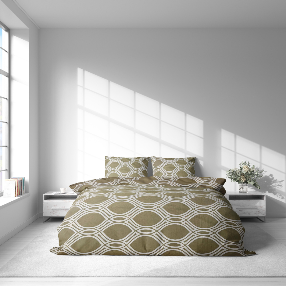 Bettwäsche set "Olive Orbit". Bettwäsche 135x200, 135/140x200 cm, 150x200 cm, 155/160x200 cm, 180x200 cm, 200x200 cm, 200x220 cm, 220x240 cm. Bettwäsche mit verschlungenem linienmuster auf olivgrünem hintergrund
