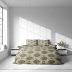 Bettwäsche set "Olive Orbit". Bettwäsche 135x200, 135/140x200 cm, 150x200 cm, 155/160x200 cm, 180x200 cm, 200x200 cm, 200x220 cm, 220x240 cm. Bettwäsche mit verschlungenem linienmuster auf olivgrünem hintergrund
