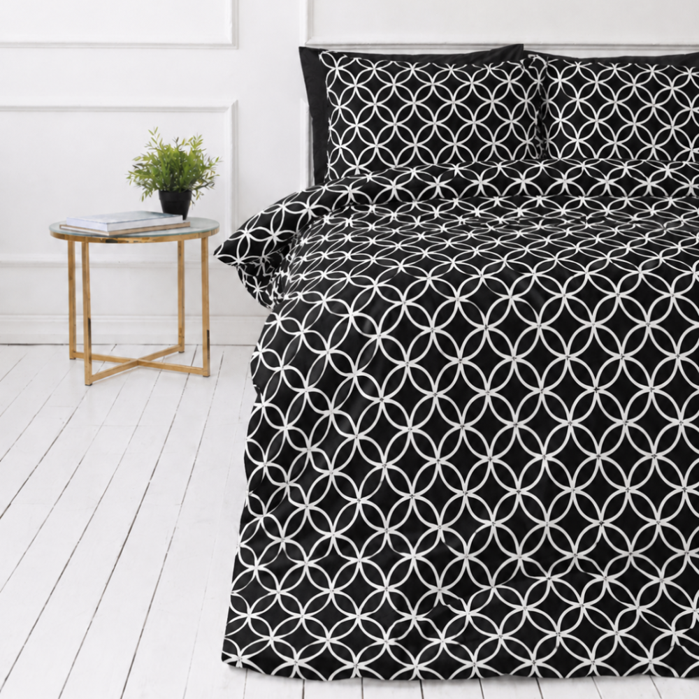 Bettwäsche set "Black Retro Rings". Bettwäsche 155x200, 135/140x200 cm, 150x200 cm, 155/160x200 cm, 180x200 cm, 200x200 cm, 200x220 cm, 220x240 cm. Geometrisches schwarz-weiß-design für moderne innenräume