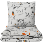 Bettwäsche set "Blushing Flora". Graue Bettwäsche, 135/140x200 cm, 200x200 cm, 200x220 cm. Weiße bettwäsche-garnitur mit grauen pflanzenmotiven und orangenen akzenten.