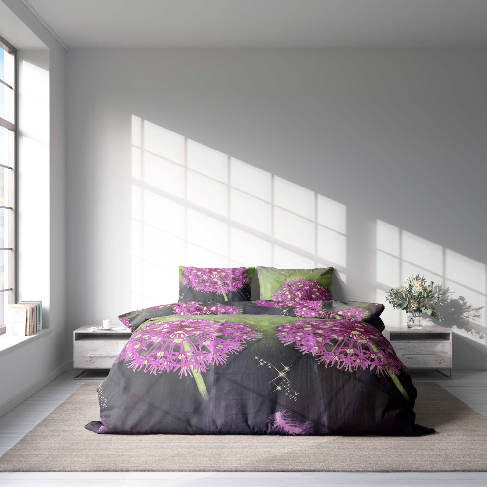 Bettwäsche set "Burdock". Bettwäsche 140x200, 135/140x200 cm, 150x200 cm, 155/160x200 cm, 180x200 cm, 200x200 cm, 200x220 cm. Bettwäsche-ensemble in dunklen und hellen grüntönen mit auffälligen klettenmotiven