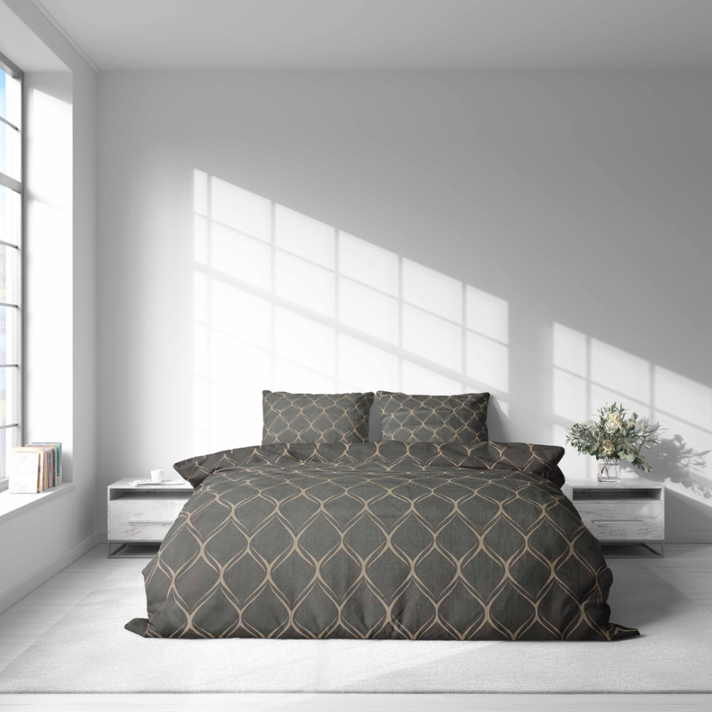 Bettwäsche set „Cross“. Bettwäsche 140x200, 135/140x200 cm, 200x200 cm, 200x220 cm. Elegantes graues bettwäscheset mit ovalen mustern in hellbraun/sand für ein gemütliches und modernes design.