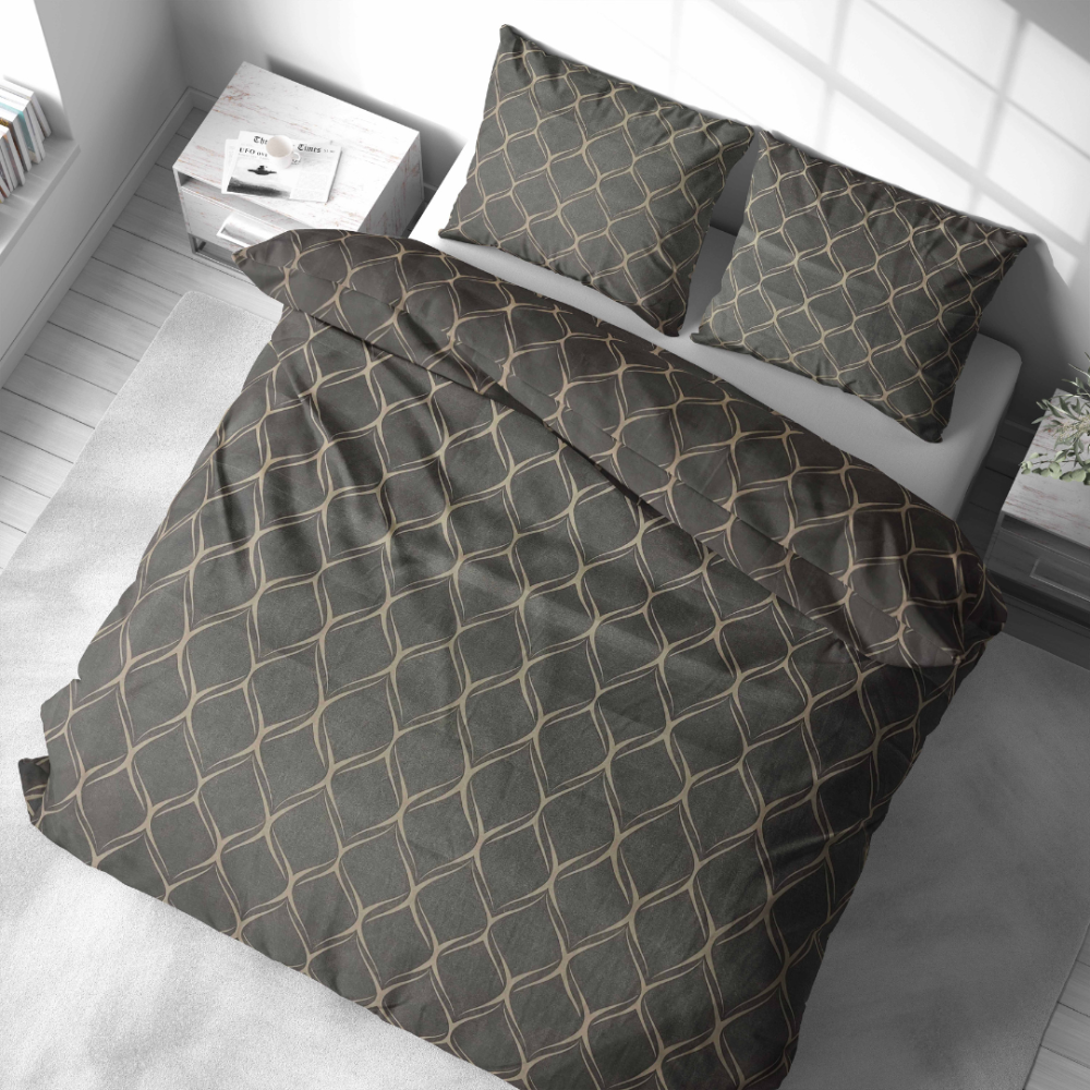 Bettwäsche set „Cross“. Bettwäsche 140x200, 135/140x200 cm, 200x200 cm, 200x220 cm. Stilvolles bettwäscheset in grau mit hellbraunen ovalen mustern, das eine warme und moderne ästhetik bietet.