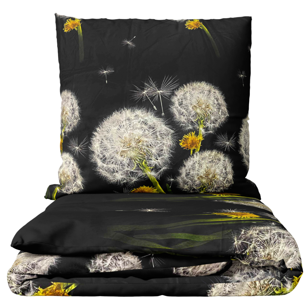 Bettwäsche set "Dandelion Night". Bettwäsche 140x200, 135/140x200 cm, 200x200 cm, 200x220 cm. Bettwäscheset mit einem muster von löwenzahn und gelben blumen auf schwarzem hintergrund.