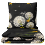 Bettwäsche set "Dandelion Night". Bettwäsche 140x200, 135/140x200 cm, 200x200 cm, 200x220 cm. Bettwäscheset mit einem muster von löwenzahn und gelben blumen auf schwarzem hintergrund.