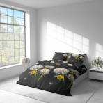 Bettwäsche set "Dandelion Night". Bettwäsche 140x200, 135/140x200 cm, 200x200 cm, 200x220 cm. Auf dem schwarzen hintergrund des bettwäschesets prangt ein muster aus löwenzahn und gelben blumen.