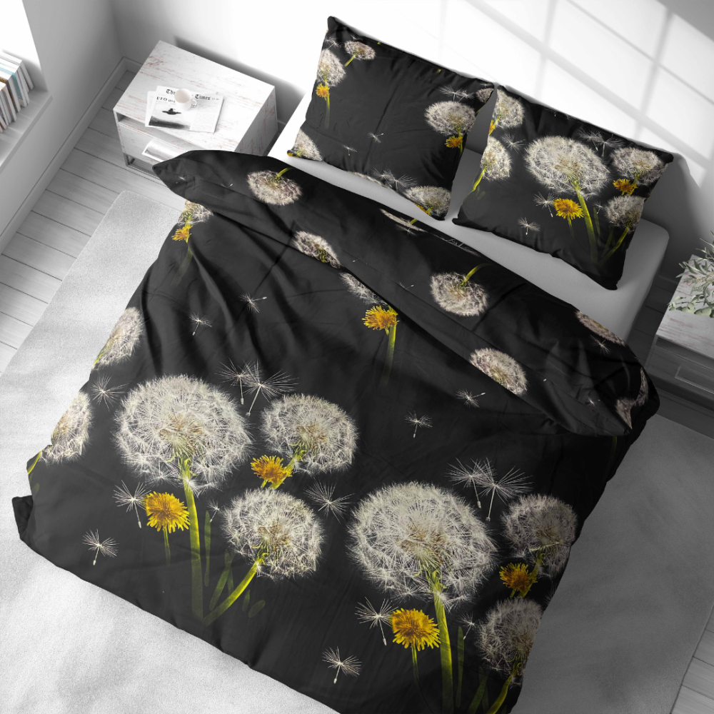 Bettwäsche set "Dandelion Night". Bettwäsche 140x200, 135/140x200 cm, 200x200 cm, 200x220 cm. Bettwäscheset, das löwenzahn- und gelbe blumenmotive mit einem schwarzen hintergrund kombiniert.