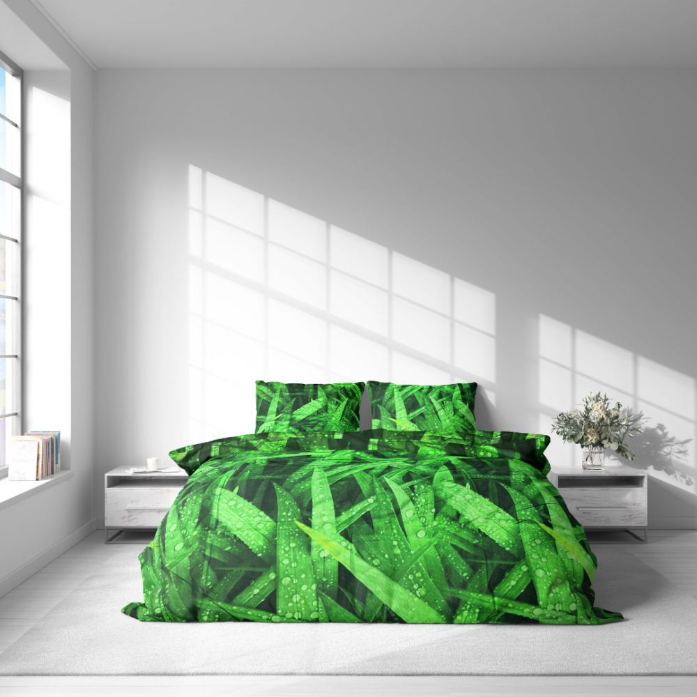 Bettwäsche set "Dewdrop". Bettwäsche 140x200, 135/140x200 cm, 200x200 cm, 200x220 cm. Bettwäsche mit gras und tautropfen, die einen frischen und natürlichen eindruck vermittelt.