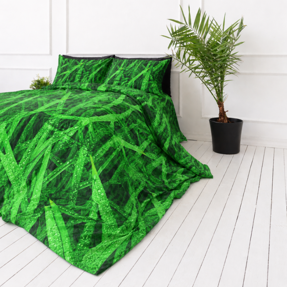 Bettwäsche set "Dewdrop". Grüne Bettwäsche, 135/140x200 cm, 200x200 cm, 200x220 cm. Bettwäsche mit gras und tautropfen, die einen frischen und natürlichen eindruck vermittelt. Bettwäsche set "Dewdrop". Grüne Bettwäsche, 135/140x200 cm, 200x200 cm, 200x220 cm. Bettwäsche mit gras und tautropfen, die einen frischen und natürlichen eindruck vermittelt.