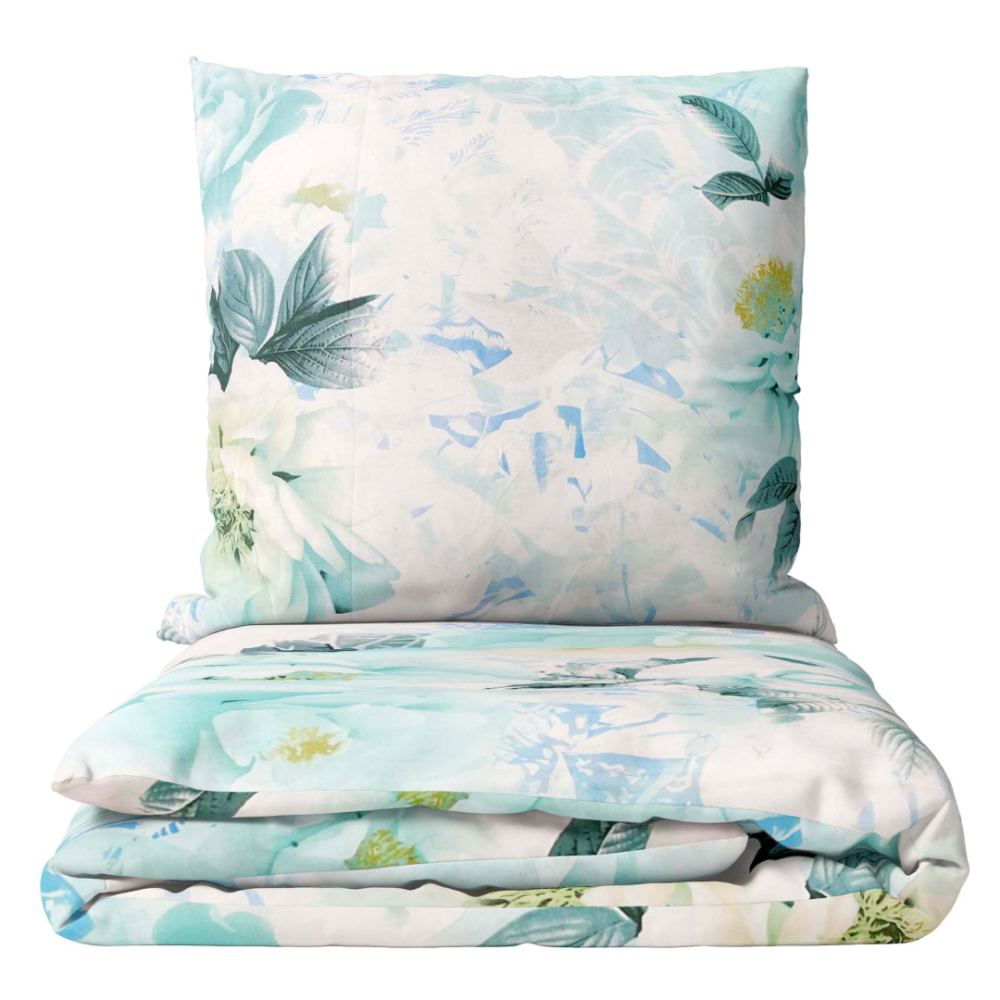 Bettwäsche set "Elysian". Bettwäsche Baumwolle, 135/140x200 cm, 200x200 cm, 200x220 cm. Klassisches weißes bettwäscheset mit großen hellblauen blumenmotiven.