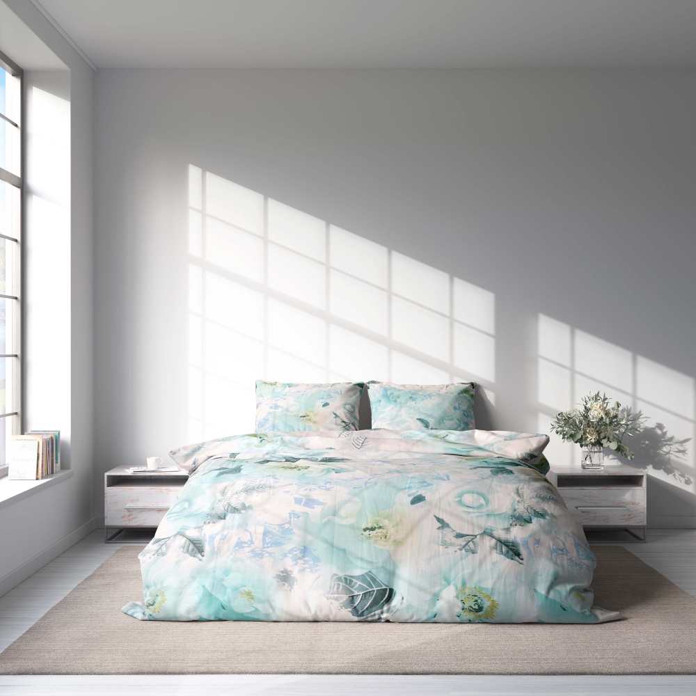 Bettwäsche set "Elysian". Bettwäsche Baumwolle, 135/140x200 cm, 200x200 cm, 200x220 cm. Elegantes weißes bettwäscheset mit übergroßen hellblauen blüten.