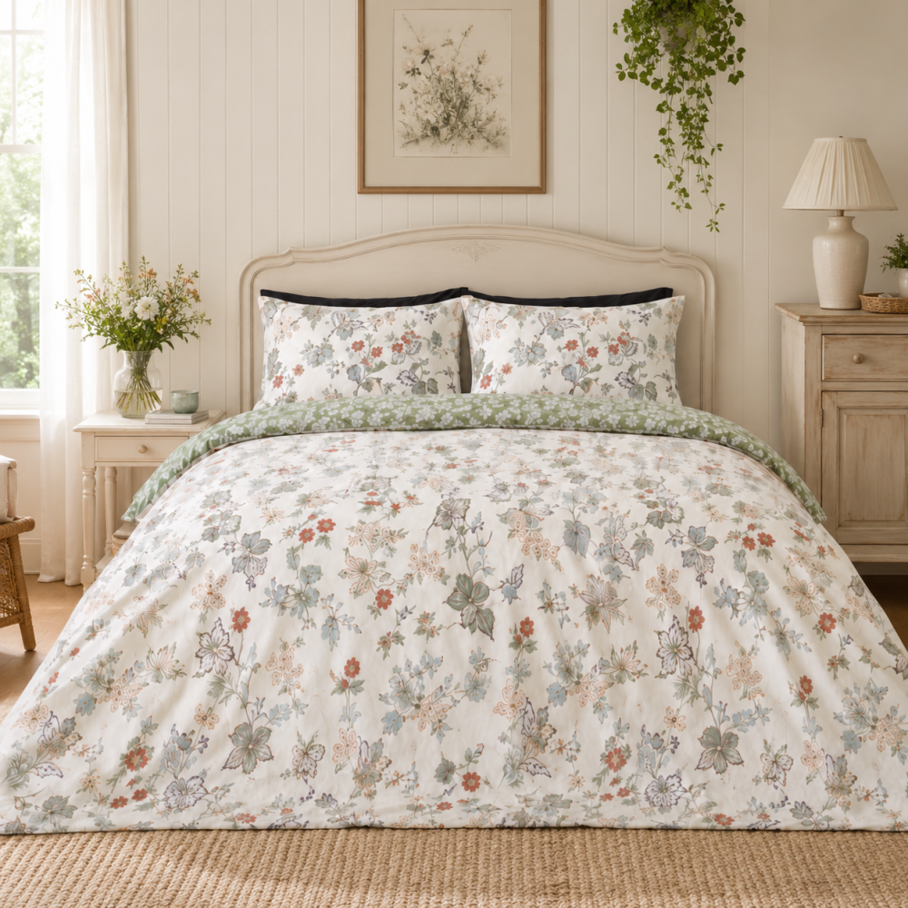 Bettwäsche set „English Garden“. Bettwäsche 135x200, 135/140x200 cm, 200x200 cm, 200x220 cm. Geblümte bettwäsche „english garden“ in einem hellen schlafzimmer im englischen landhausstil. Bettwäsche set „English Garden“. Bettwäsche 135x200, 135/140x200 cm, 200x200 cm, 200x220 cm. Geblümte bettwäsche „english garden“ in einem hellen schlafzimmer im englischen landhausstil.
