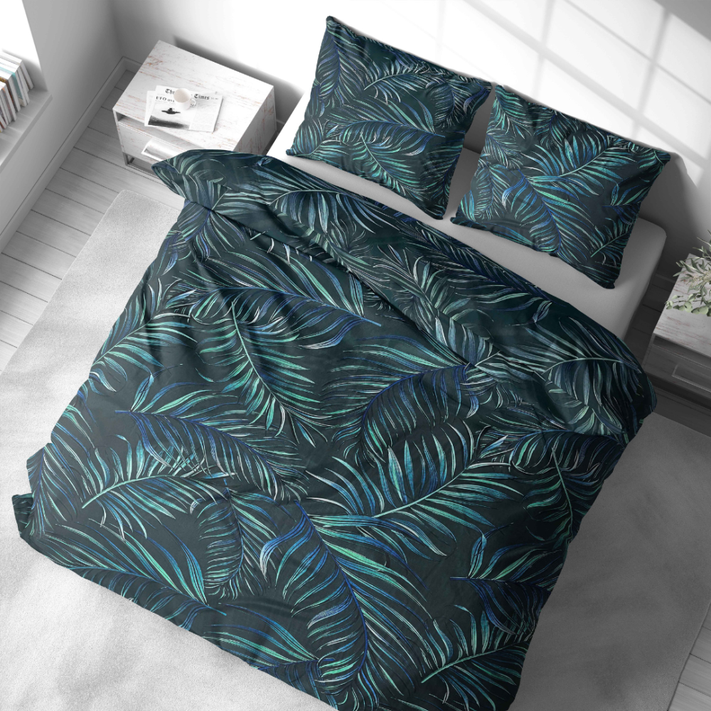 Bettwäsche set "Fern Whisper". Bettwäsche 140x200, 135/140x200 cm, 155/160x200 cm, 200x200 cm, 200x220 cm, 220x240 cm. Dunkelgrünes bettwäsche-set mit schönen farnblattmustern, das eine ruhige und erfrischende atmosphäre in ihrem raum schafft.