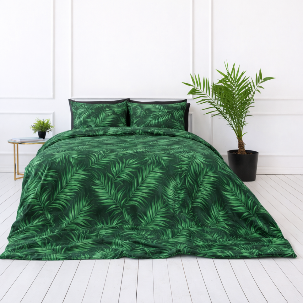 Bettwäsche set "Fern". Bettwäsche mit Pflanzen, 135/140x200 cm, 150x200 cm, 155/160x200 cm, 180x200 cm, 200x200 cm, 200x220 cm. Bettwäsche-set mit auffälligem farnmuster auf tiefgrünem hintergrund