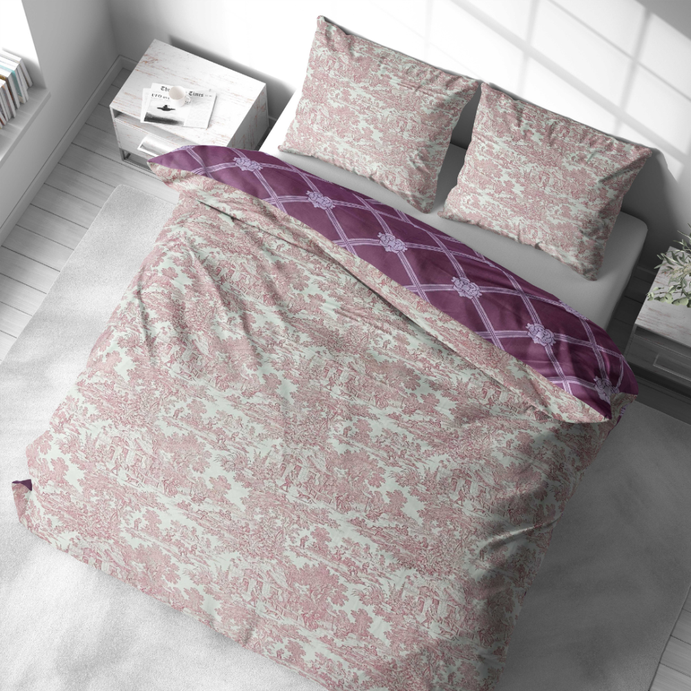 Bettwäsche set "Fiery". Bettwäsche 140x200, 135/140x200 cm, 200x200 cm, 200x220 cm. Das set bietet zwei design-varianten – eine mit rosafarbenen szenen, die andere mit sattem violettem gittermuster.