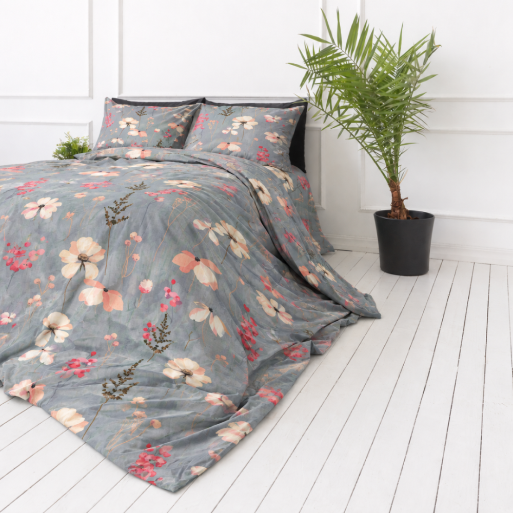 Bettwäsche set "Fleurine". Bettwäsche 155x200, 135/140x200 cm, 155x220 cm, 160x200 cm, 180x200 cm, 200x200 cm, 200x220 cm, 220x240 cm. Grautoniges bettwäscheset mit sanften blumenornamenten Bettwäsche set "Fleurine". Bettwäsche 155x200, 135/140x200 cm, 155x220 cm, 160x200 cm, 180x200 cm, 200x200 cm, 200x220 cm, 220x240 cm. Grautoniges bettwäscheset mit sanften blumenornamenten