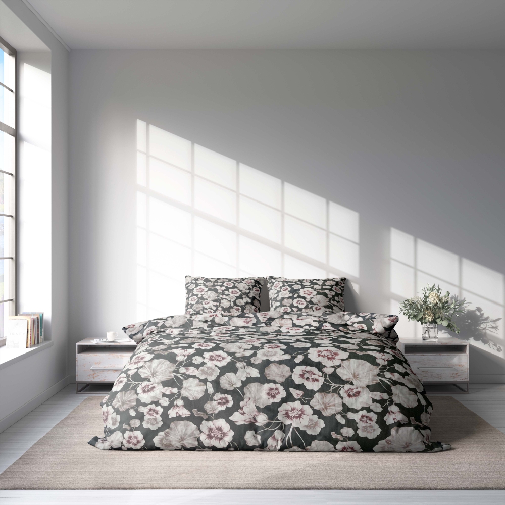 Bettwäsche set "Floret". Bettwäsche 140x200, 135/140x200 cm, 155/160x200 cm, 200x200 cm, 200x220 cm, 220x240 cm. Raffinierte dunkelgraue bettwäschegarnitur mit bräunlichen blumenmotiven.