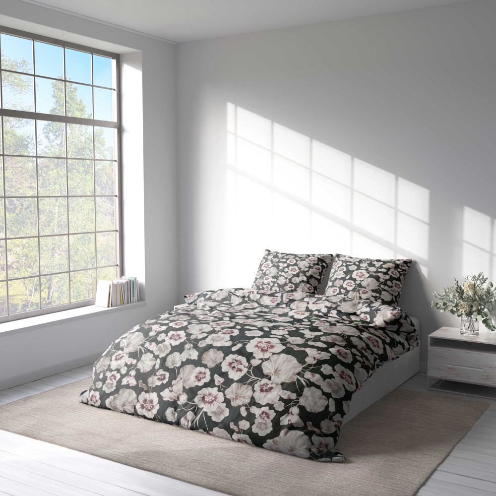 Bettwäsche set "Floret". Bettwäsche 140x200, 135/140x200 cm, 155/160x200 cm, 200x200 cm, 200x220 cm, 220x240 cm. Stilvolle dunkelgraue bettwäsche mit verschlungenem blumenblütenmuster.