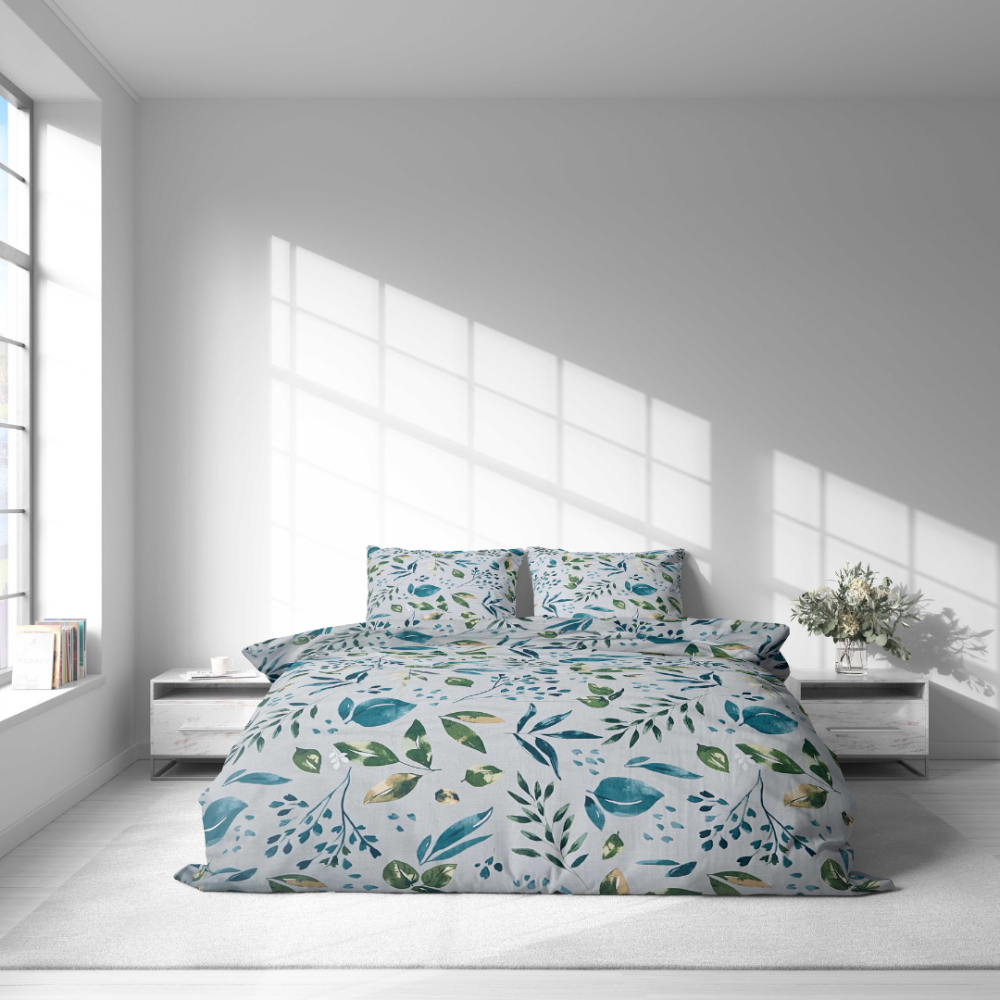 Bettwäsche set "Forest Breeze". Bettwäsche Baumwolle, 135/140x200 cm, 200x200 cm, 200x220 cm, 220x240 cm. Bettwäsche-set mit zartem aquarell-blättermotiv auf grauem untergrund.