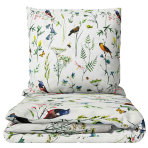 Bettwäsche set "Song Nest". Bettwäsche Baumwolle, 135/140x200 cm, 200x200 cm, 200x220 cm, 220x240 cm. Weiße baumwollbettwäsche mit leuchtenden gelben und blauen vögeln sowie grünen grasmotiv-details.