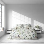 Bettwäsche set "Song Nest". Bettwäsche Baumwolle, 135/140x200 cm, 200x200 cm, 200x220 cm, 220x240 cm. Leichte weiße bettwäsche, auf der aquarellvögel, grüne zweige und feine blüten malerisch hervorstechen.