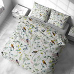 Bettwäsche set "Song Nest". Bettwäsche Baumwolle, 135/140x200 cm, 200x200 cm, 200x220 cm, 220x240 cm. Helle baumwolle mit zeichnungen – gelbe schneeglöckchen, blaue blümchen und zarte grüne blätter auf weißer fläche.