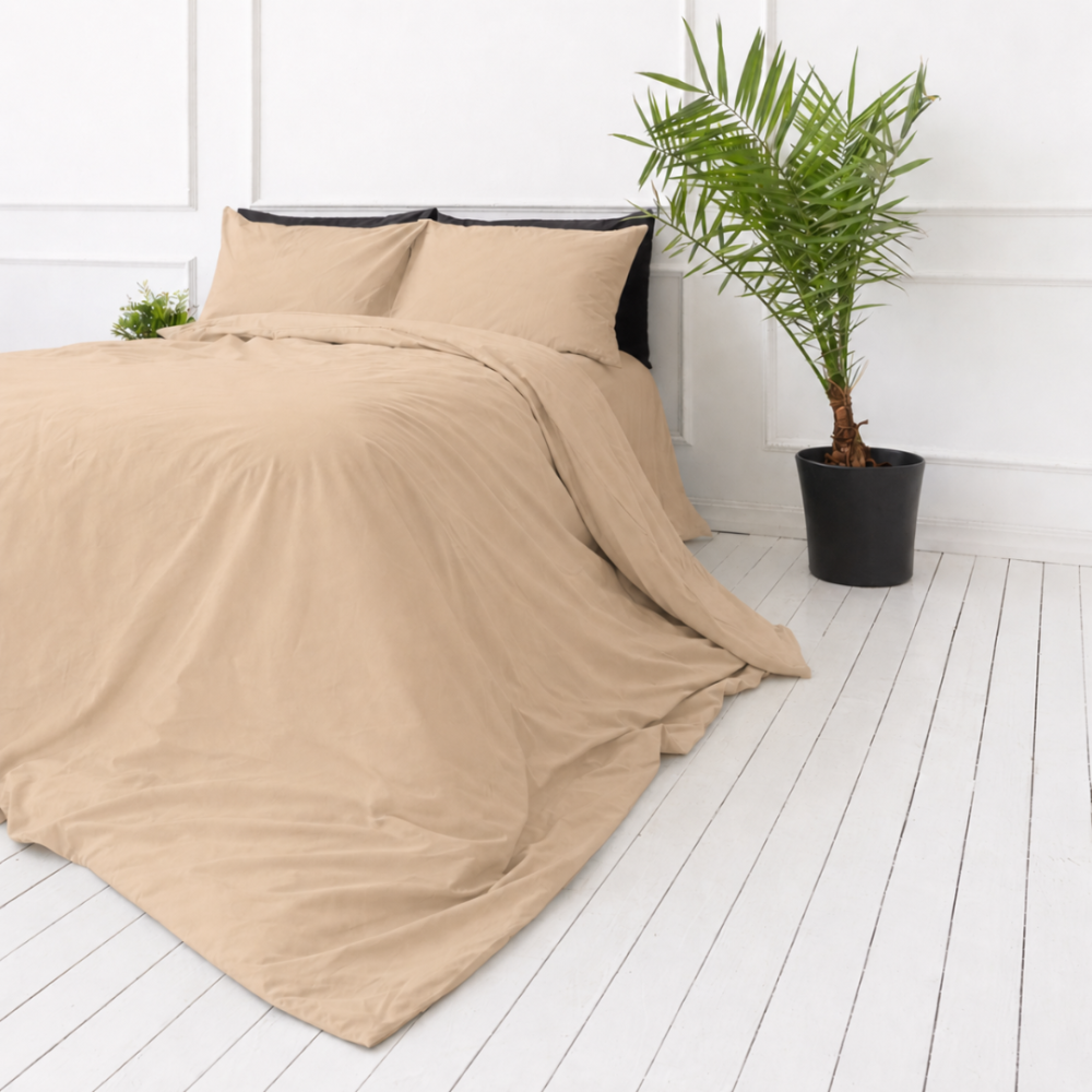 Bettwäsche set "Frappe". Beige Bettwäsche, 135/140x200 cm, 150x200 cm, 155/160x200 cm, 180x200 cm, 200x200 cm, 200x220 cm, 220x240 cm. Eleganter und warmer braun-creme-farbton, der sowohl zu modernen als auch klassischen innenräumen passt.